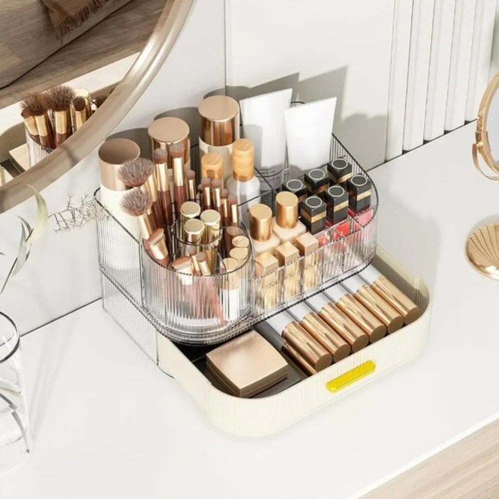 White Makeup Organizer, Stackable Drawers, 360° Rotating Brush Holder for Vanity